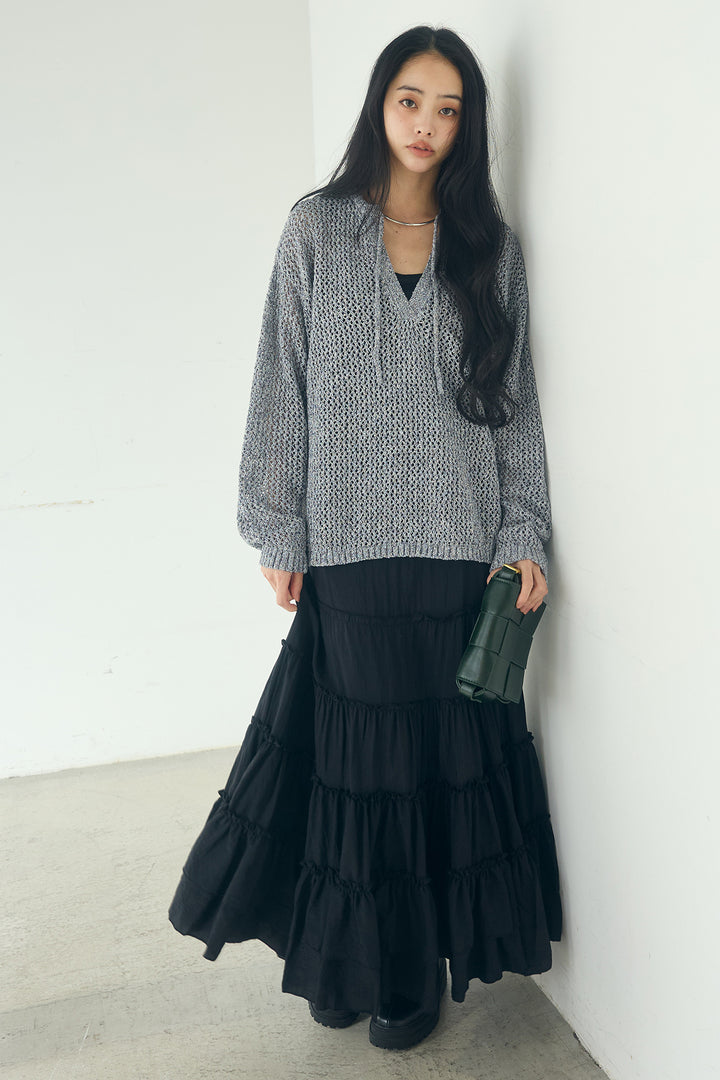 [SET]ミックスメッシュキーネックプルオーバー+ギャザーティアードマキシスカート(2set)