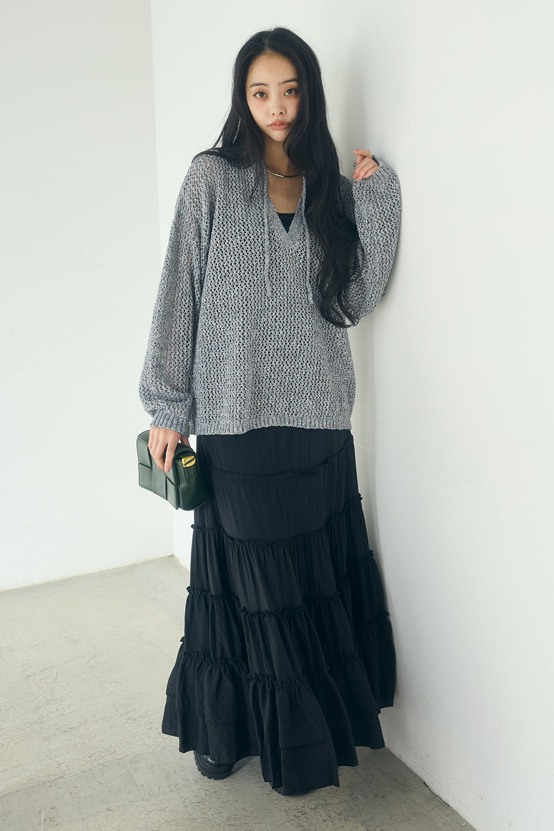 [SET]ミックスメッシュキーネックプルオーバー+ギャザーティアードマキシスカート(2set)