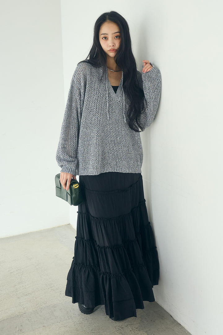 [SET]ミックスメッシュキーネックプルオーバー+ギャザーティアードマキシスカート(2set)