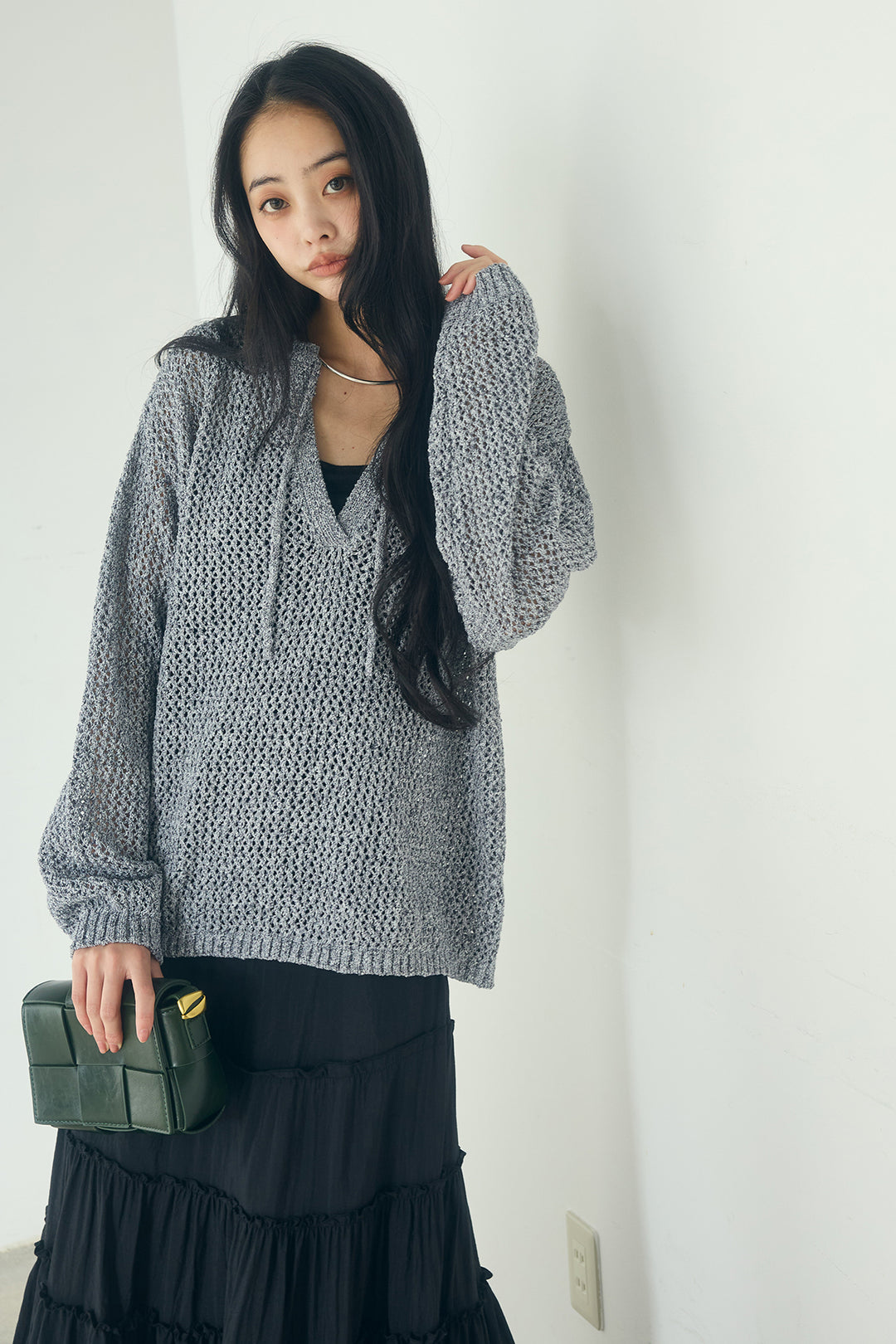 [SET]ミックスメッシュキーネックプルオーバー+ギャザーティアードマキシスカート(2set)