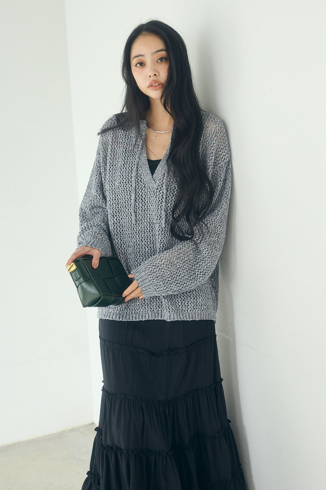 [SET]ミックスメッシュキーネックプルオーバー+ギャザーティアードマキシスカート(2set)