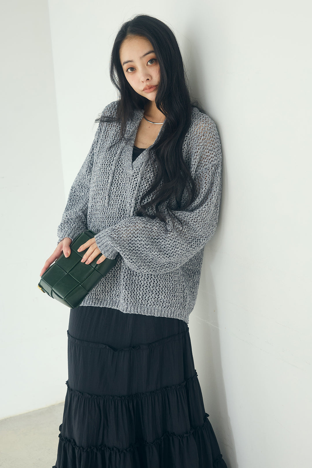 [SET]ミックスメッシュキーネックプルオーバー+ギャザーティアードマキシスカート(2set)
