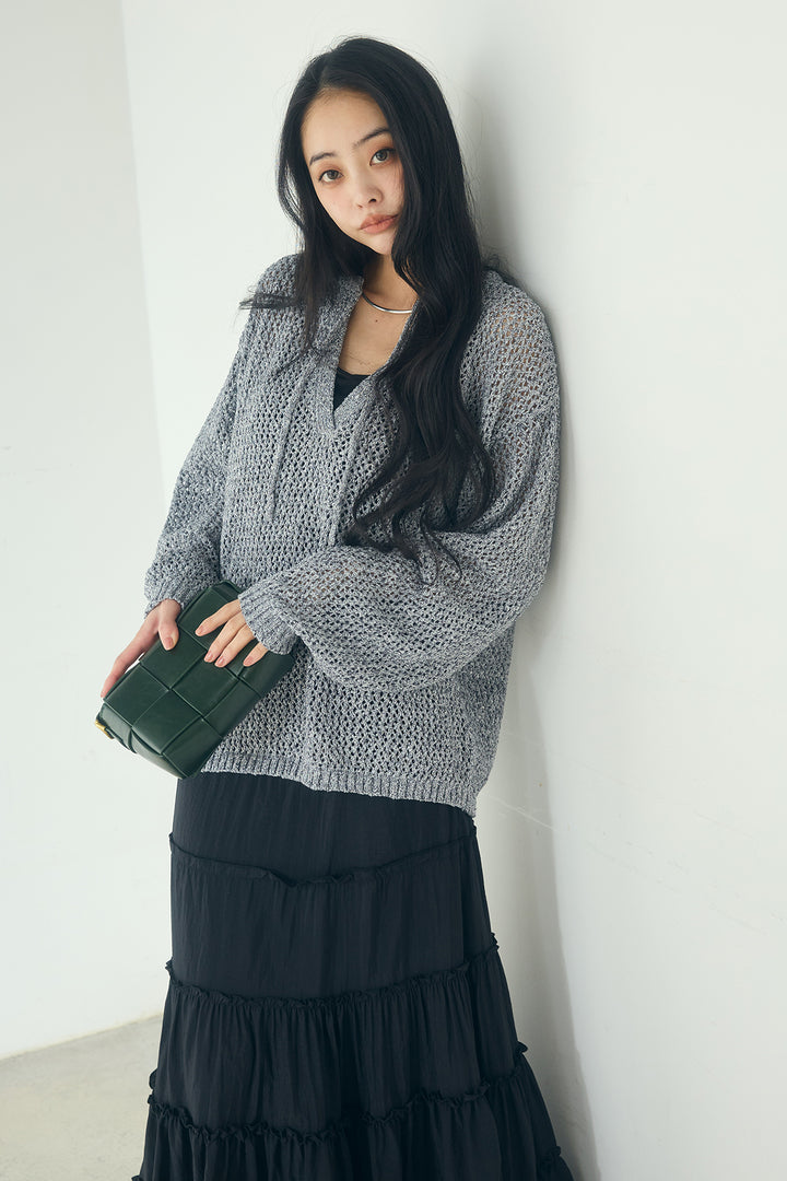 [SET]ミックスメッシュキーネックプルオーバー+ギャザーティアードマキシスカート(2set)