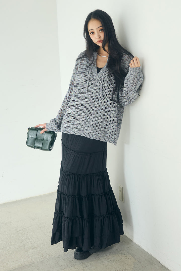 [SET]ミックスメッシュキーネックプルオーバー+ギャザーティアードマキシスカート(2set)