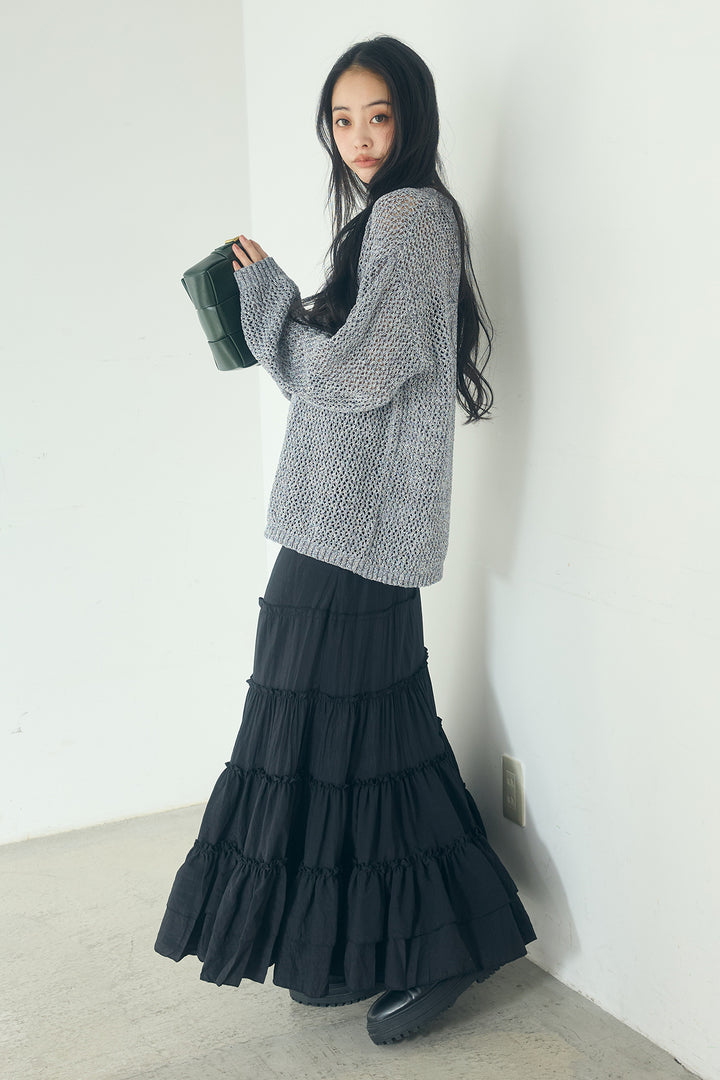 [SET]ミックスメッシュキーネックプルオーバー+ギャザーティアードマキシスカート(2set)