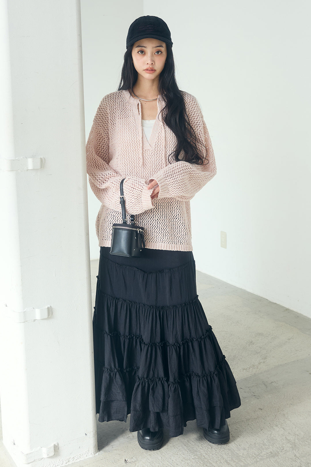 [SET]ミックスメッシュキーネックプルオーバー+ギャザーティアードマキシスカート(2set)