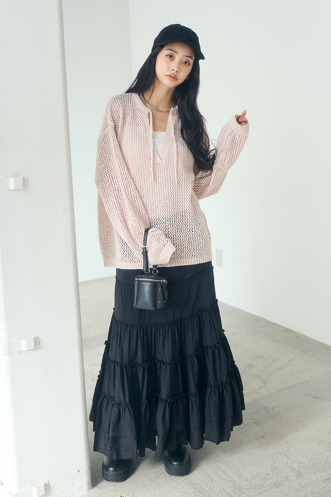 [SET]ミックスメッシュキーネックプルオーバー+ギャザーティアードマキシスカート(2set)