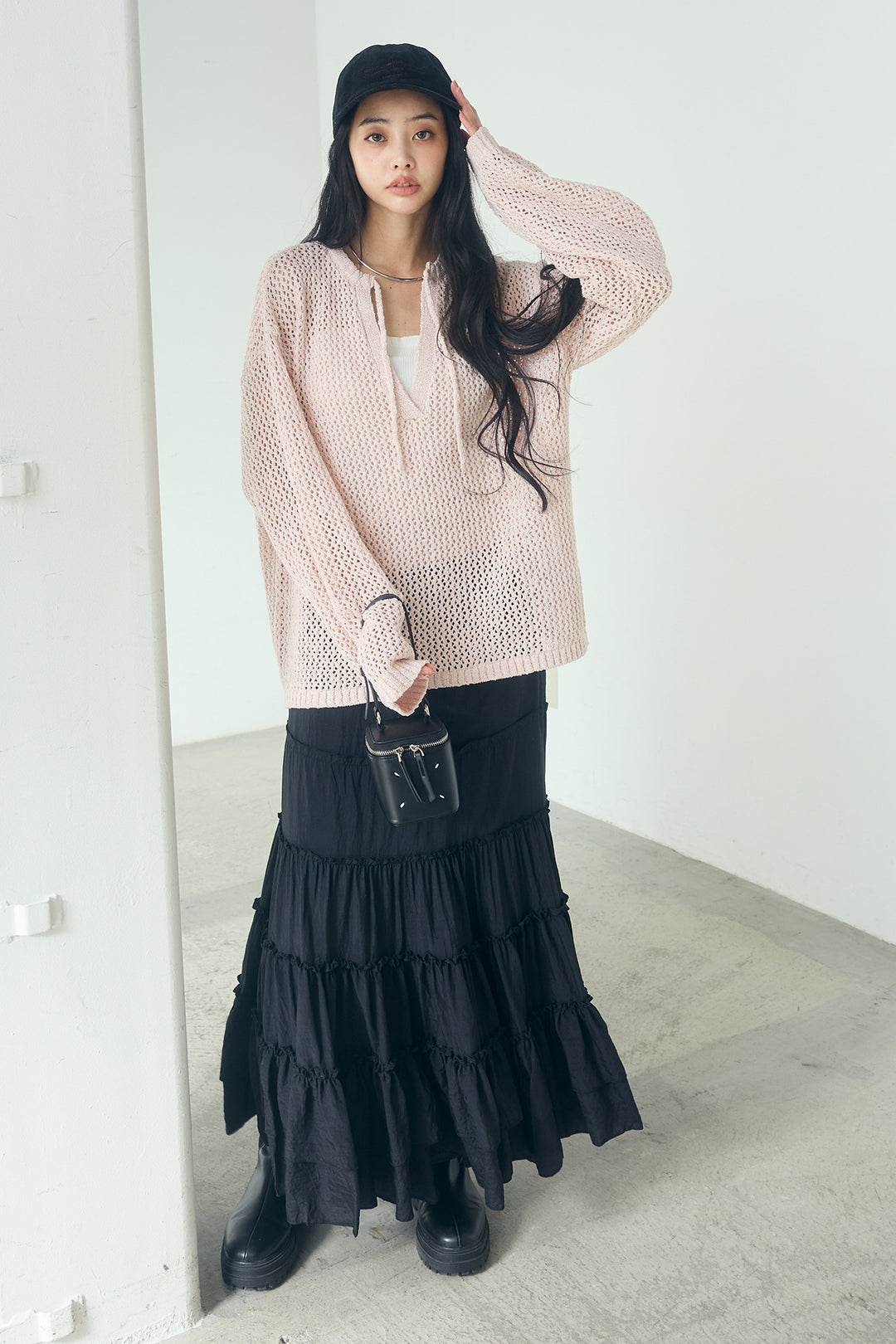 [SET]ミックスメッシュキーネックプルオーバー+ギャザーティアードマキシスカート(2set)