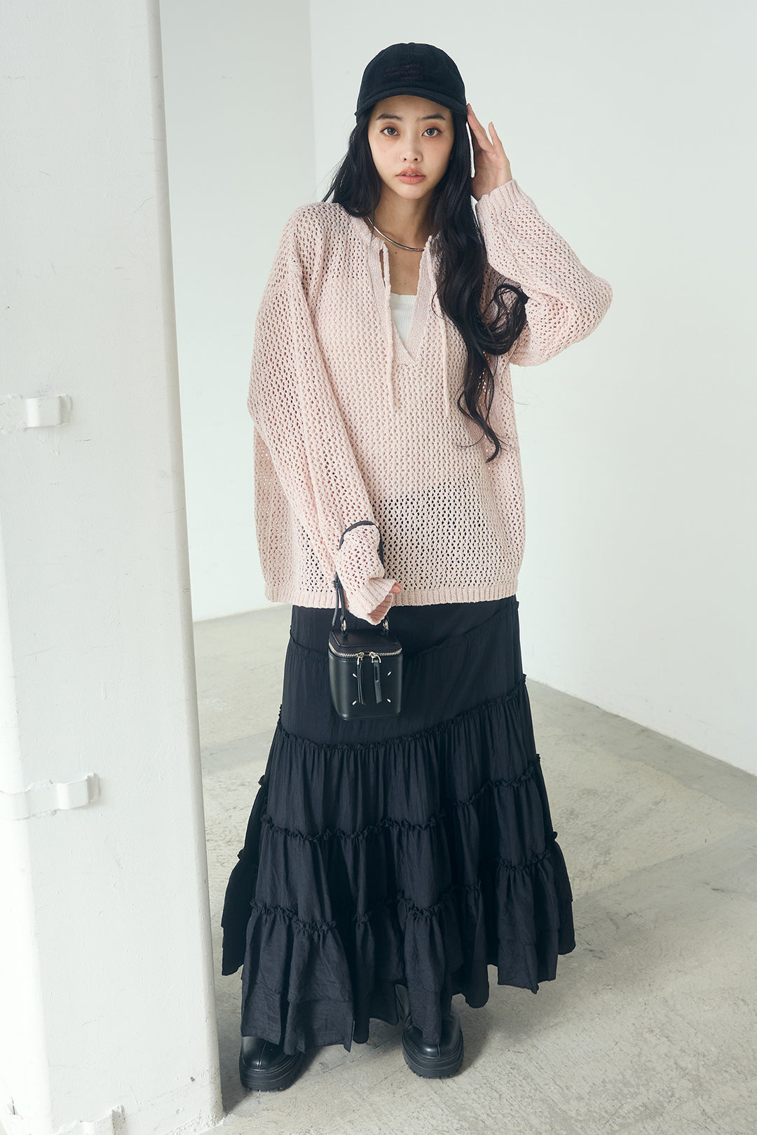 [SET]ミックスメッシュキーネックプルオーバー+ギャザーティアードマキシスカート(2set)