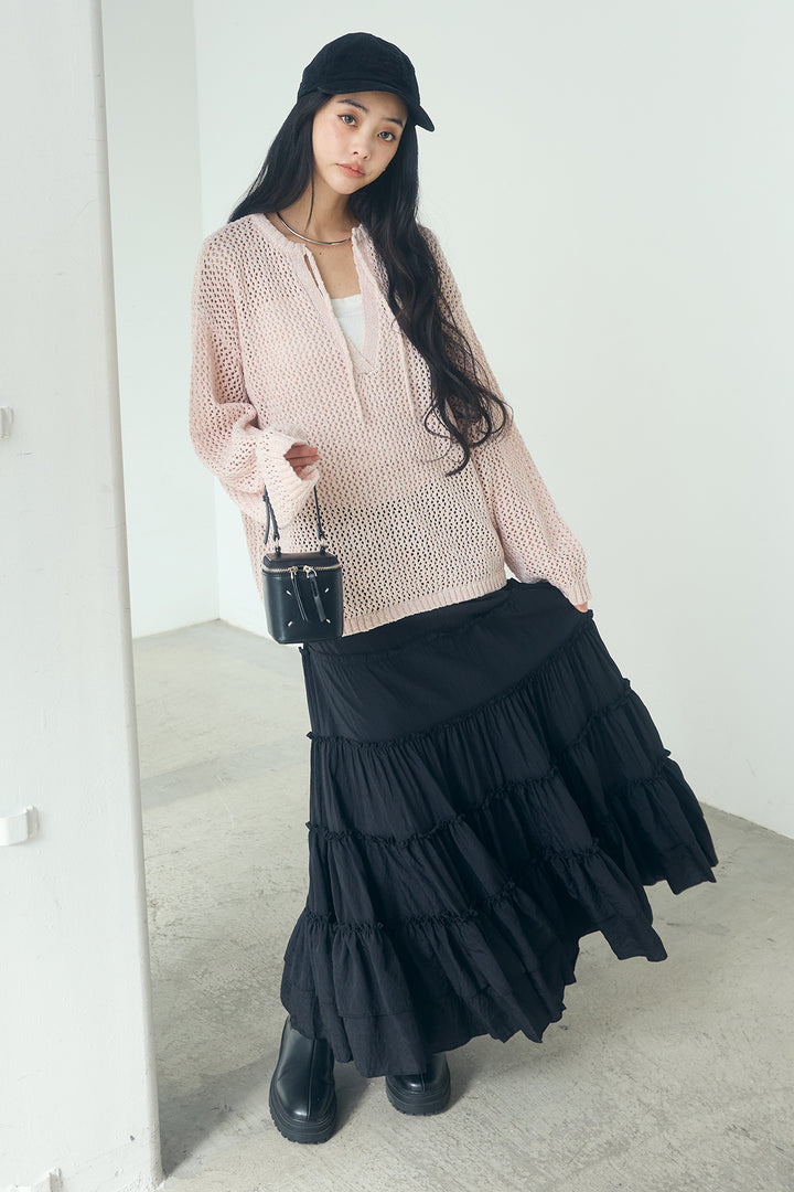 [SET]ミックスメッシュキーネックプルオーバー+ギャザーティアードマキシスカート(2set)