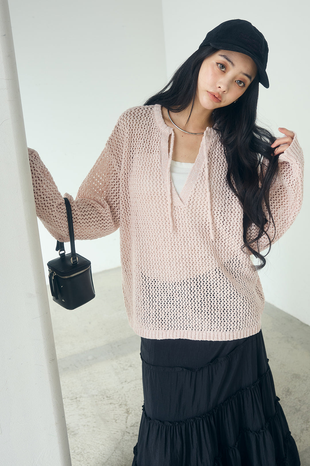 [SET]ミックスメッシュキーネックプルオーバー+ギャザーティアードマキシスカート(2set)
