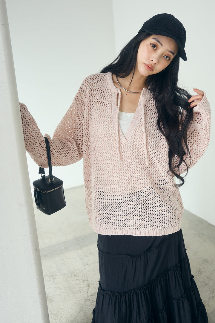 [SET]ミックスメッシュキーネックプルオーバー+ギャザーティアードマキシスカート(2set)