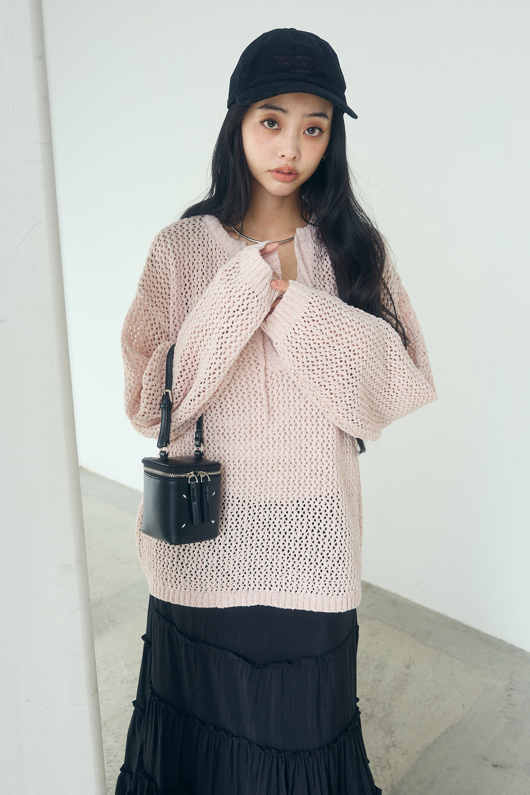 [SET]ミックスメッシュキーネックプルオーバー+ギャザーティアードマキシスカート(2set)