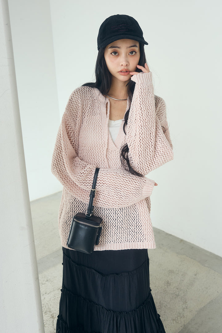 [SET]ミックスメッシュキーネックプルオーバー+ギャザーティアードマキシスカート(2set)