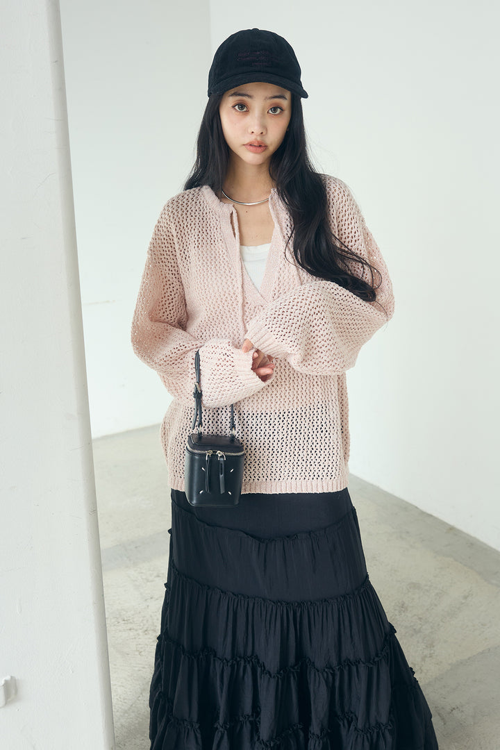 [SET]ミックスメッシュキーネックプルオーバー+ギャザーティアードマキシスカート(2set)