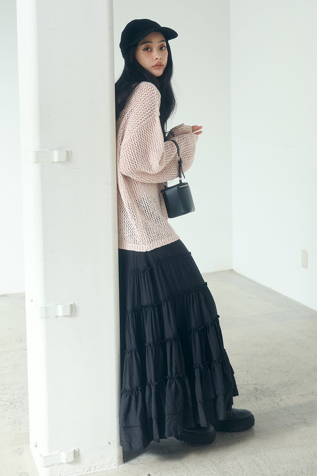 [SET]ミックスメッシュキーネックプルオーバー+ギャザーティアードマキシスカート(2set)