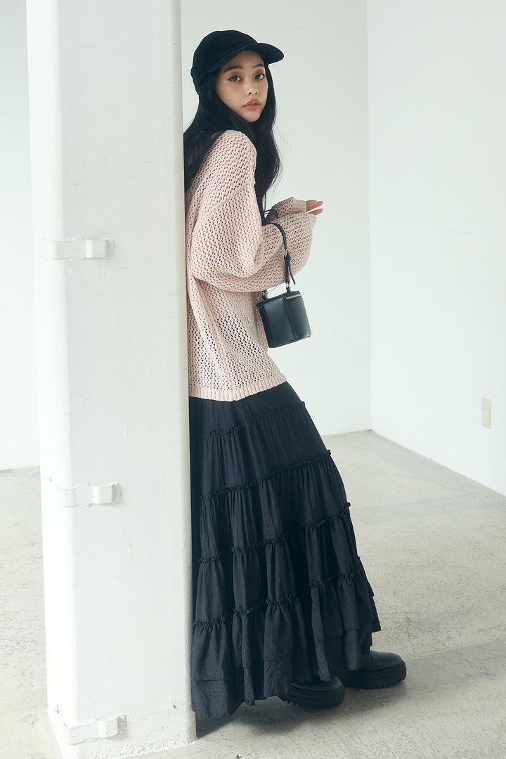 [SET]ミックスメッシュキーネックプルオーバー+ギャザーティアードマキシスカート(2set)