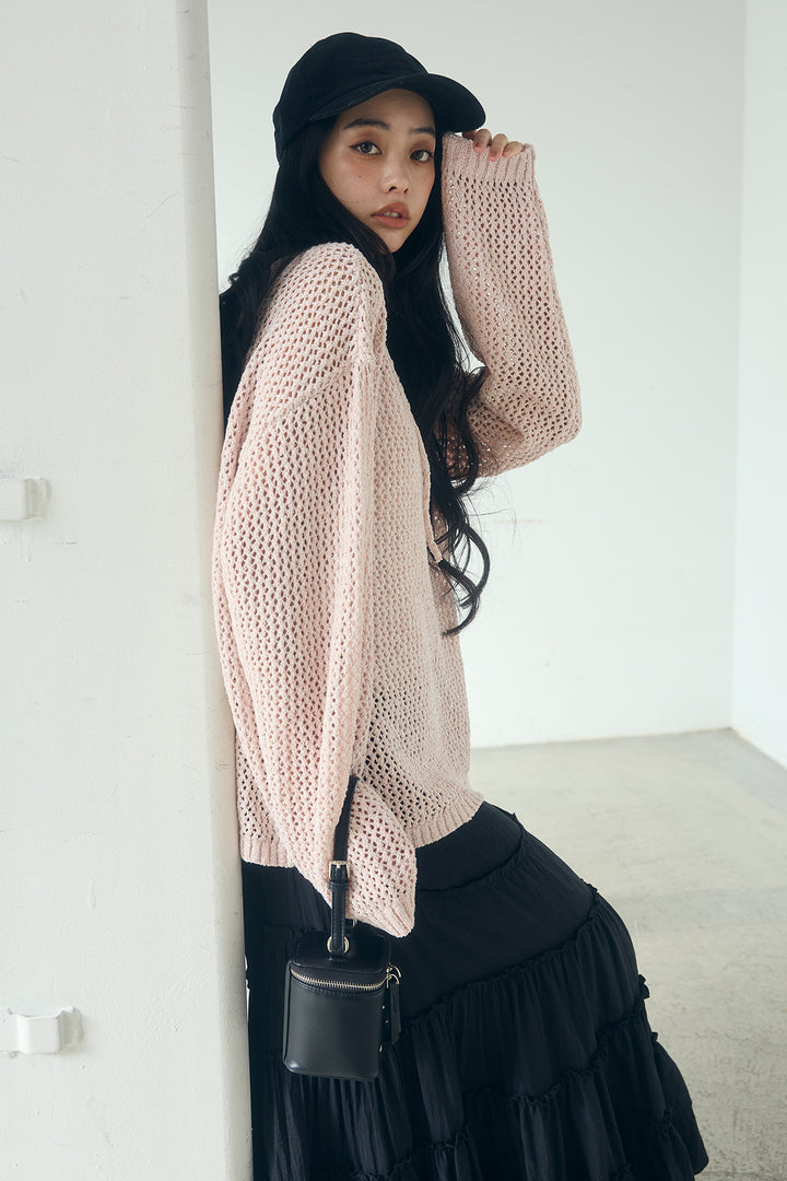 [SET]ミックスメッシュキーネックプルオーバー+ギャザーティアードマキシスカート(2set)