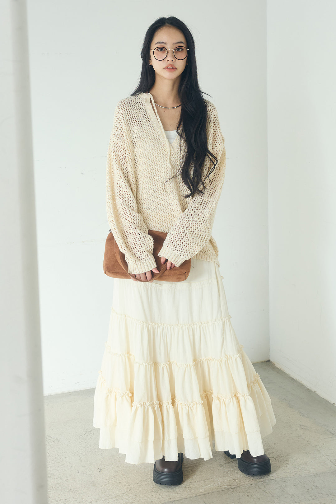 [SET]ミックスメッシュキーネックプルオーバー+ギャザーティアードマキシスカート(2set)