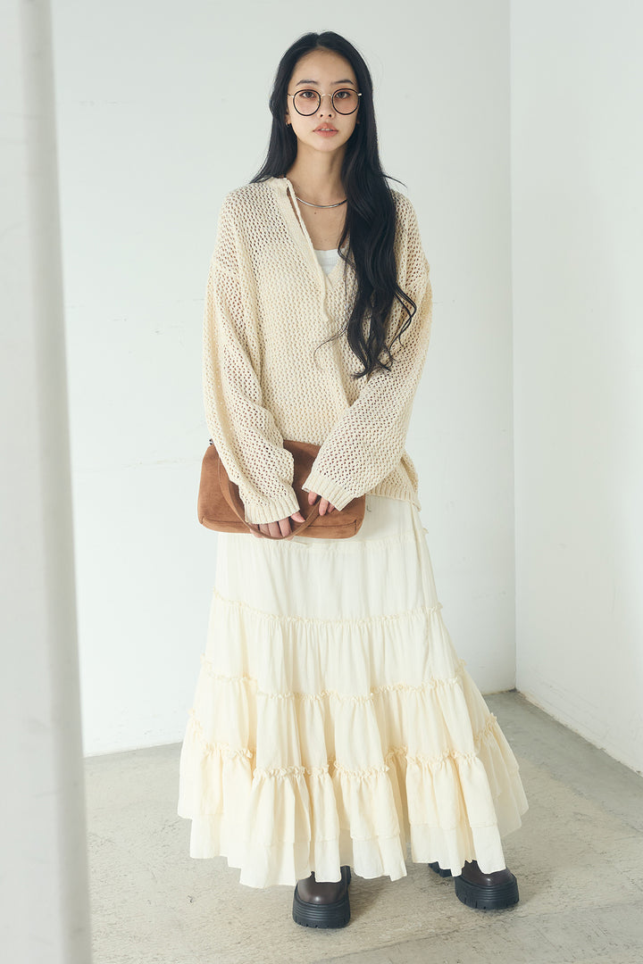 [SET]ミックスメッシュキーネックプルオーバー+ギャザーティアードマキシスカート(2set)