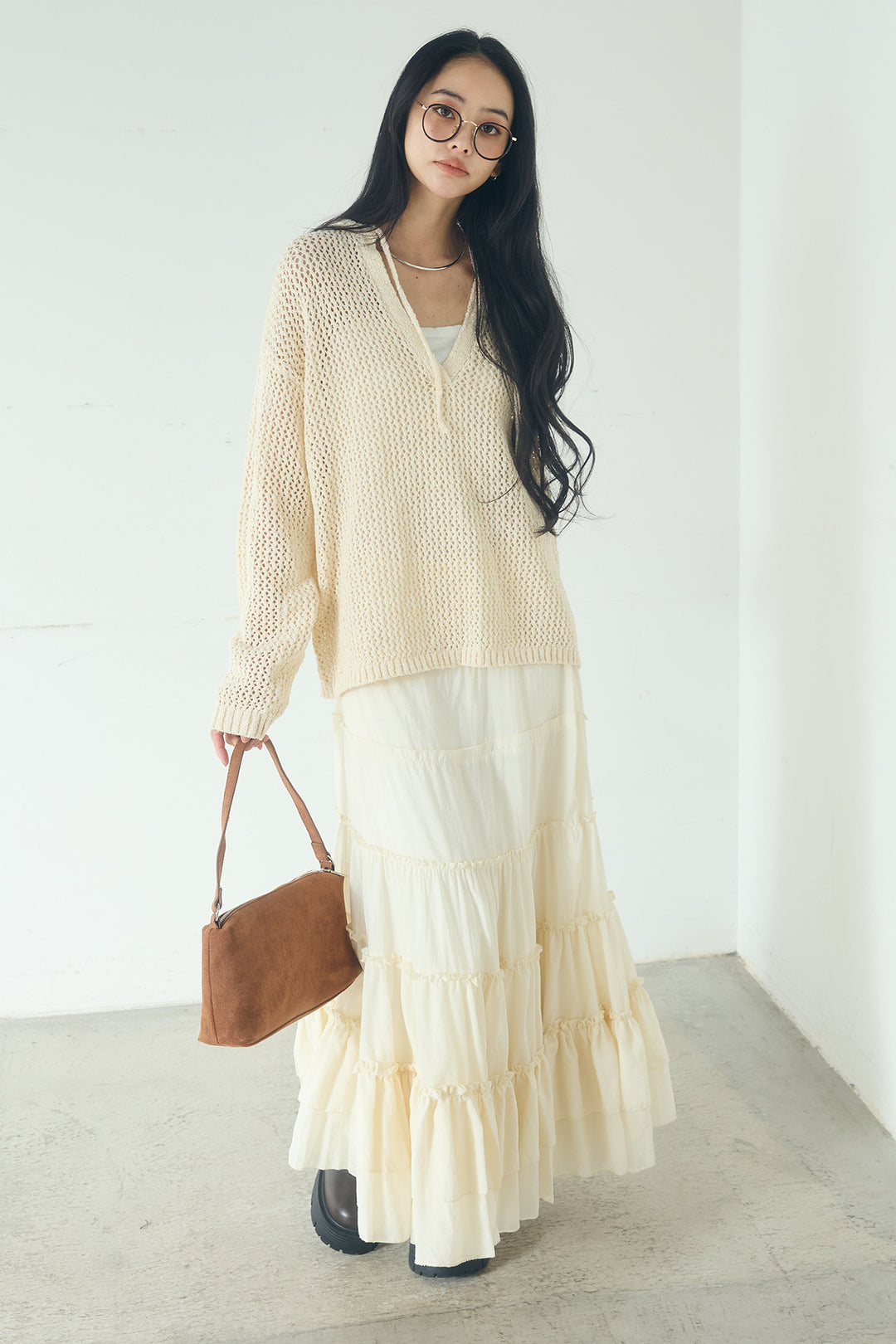 [SET]ミックスメッシュキーネックプルオーバー+ギャザーティアードマキシスカート(2set)