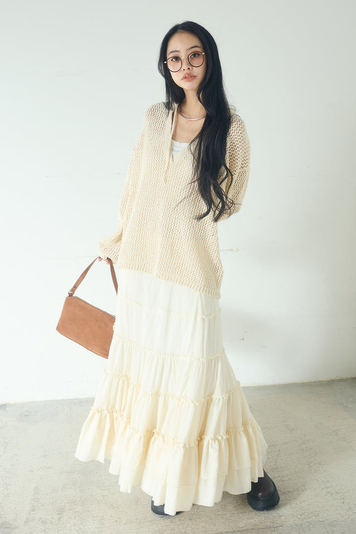 [SET]ミックスメッシュキーネックプルオーバー+ギャザーティアードマキシスカート(2set)