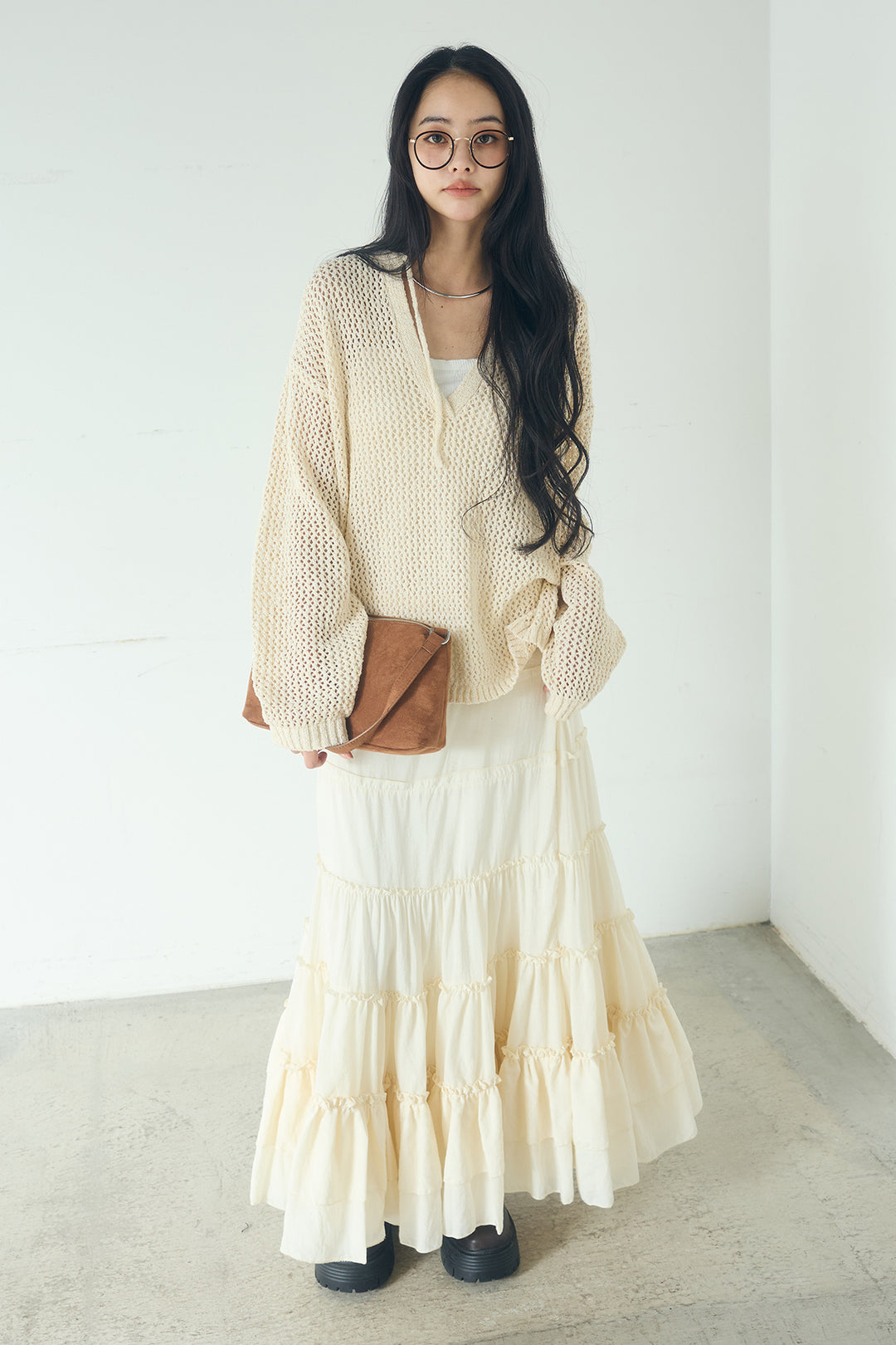 [SET]ミックスメッシュキーネックプルオーバー+ギャザーティアードマキシスカート(2set)