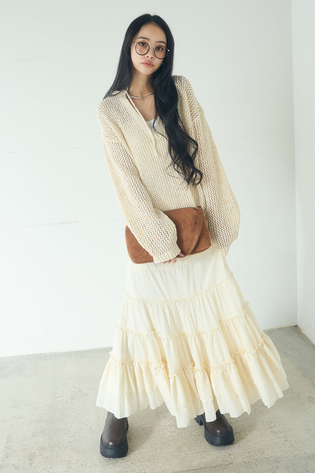 [SET]ミックスメッシュキーネックプルオーバー+ギャザーティアードマキシスカート(2set)