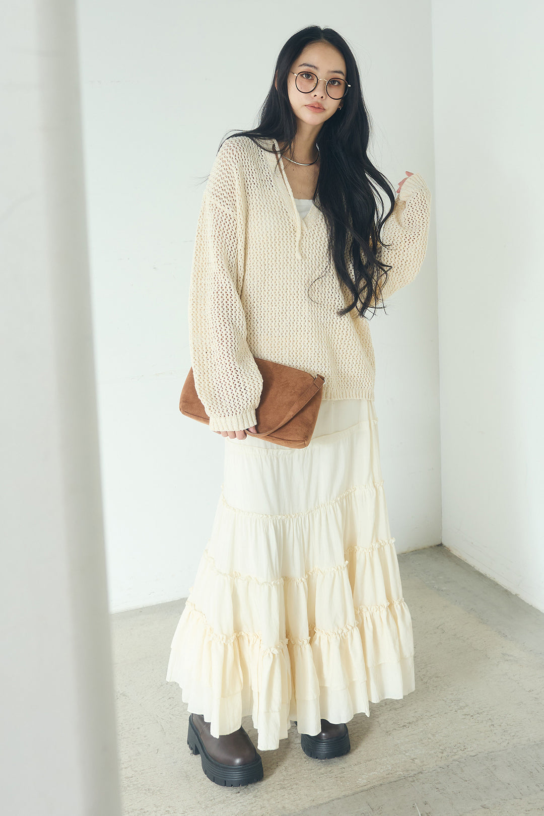 [SET]ミックスメッシュキーネックプルオーバー+ギャザーティアードマキシスカート(2set)