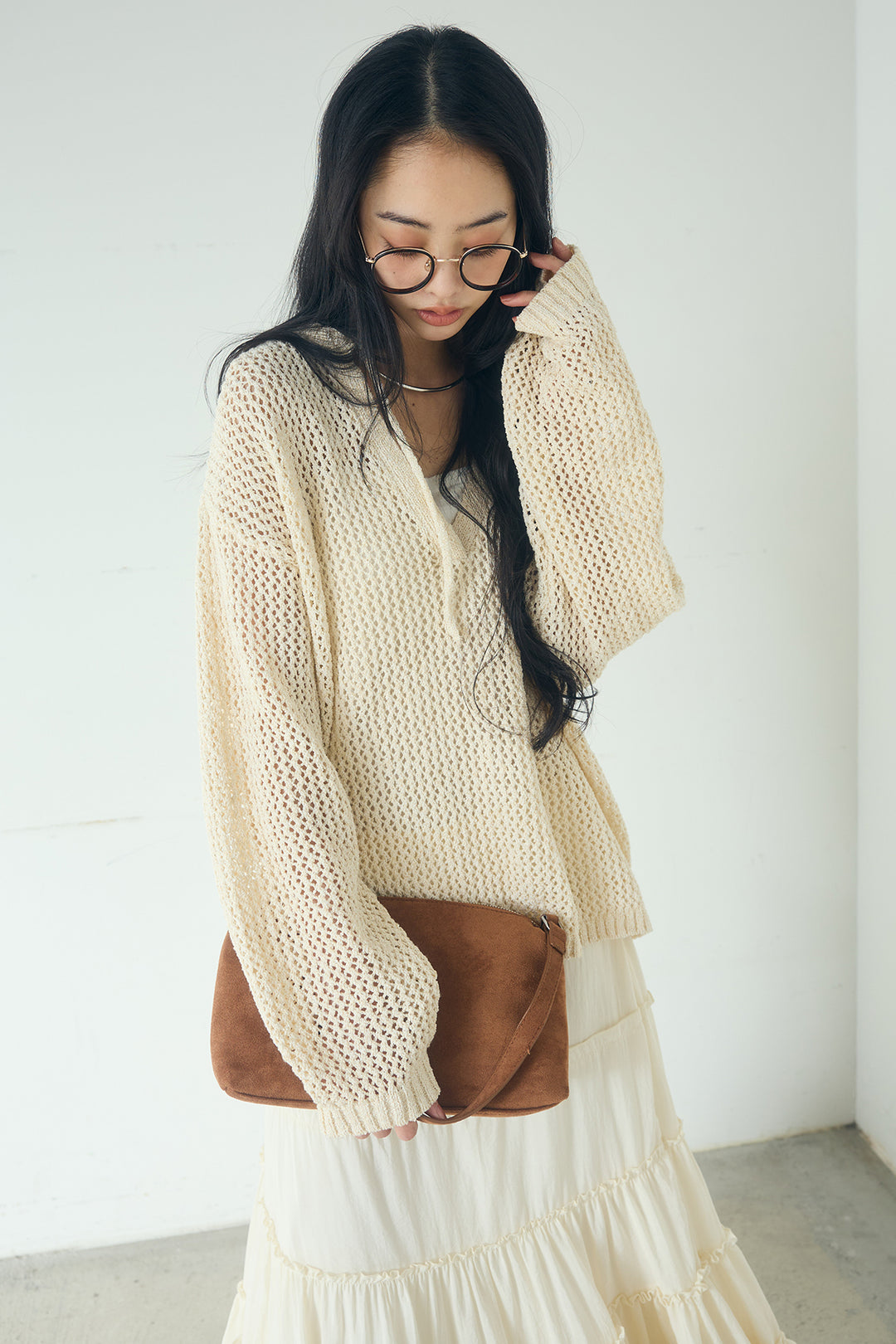 [SET]ミックスメッシュキーネックプルオーバー+ギャザーティアードマキシスカート(2set)