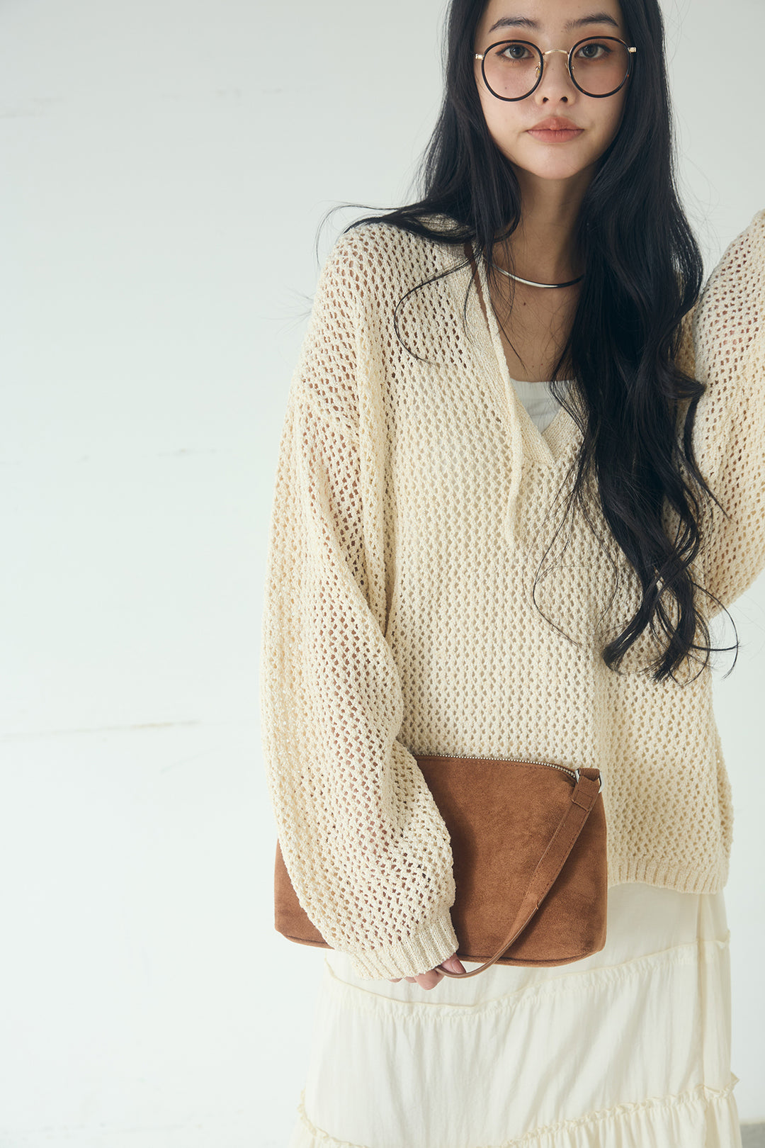 [SET]ミックスメッシュキーネックプルオーバー+ギャザーティアードマキシスカート(2set)