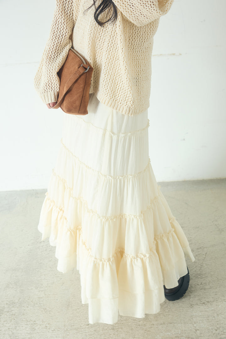 [SET]ミックスメッシュキーネックプルオーバー+ギャザーティアードマキシスカート(2set)