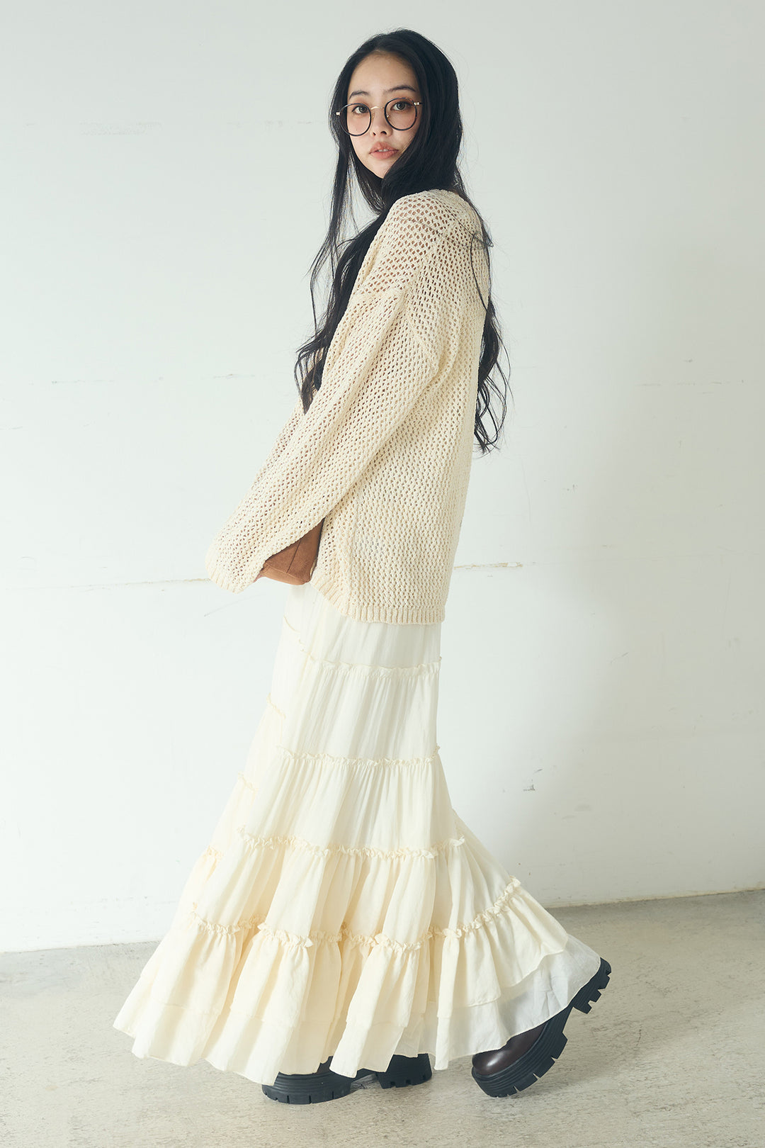 [SET]ミックスメッシュキーネックプルオーバー+ギャザーティアードマキシスカート(2set)