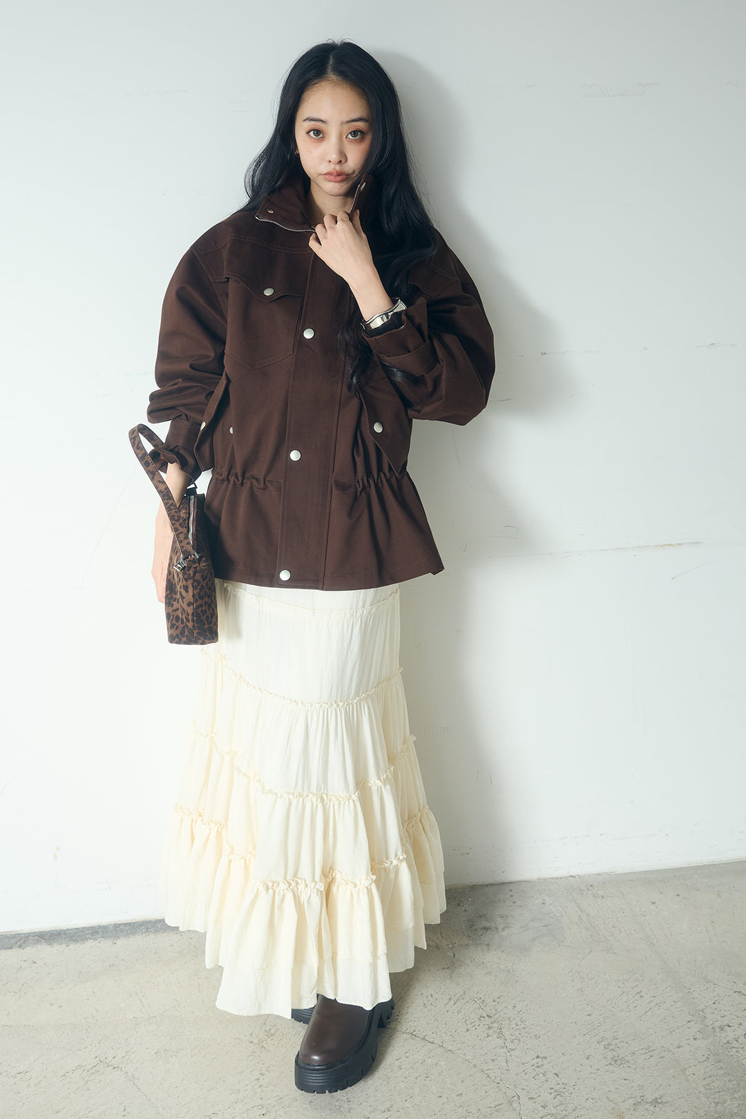 [SET]スタンドネックサイド絞りアウター+ギャザーティアードマキシスカート(2set)