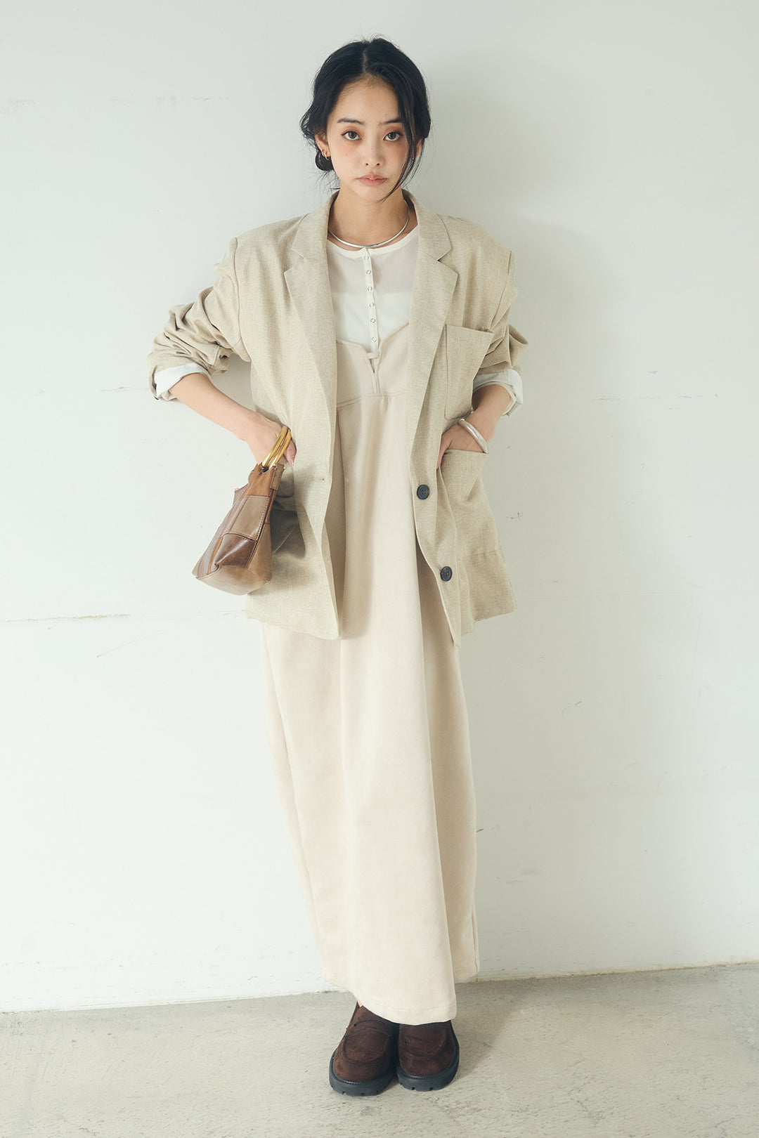 [SET]リネンライクテーラードジャケット+スエードポンチキャミワンピース(2set)