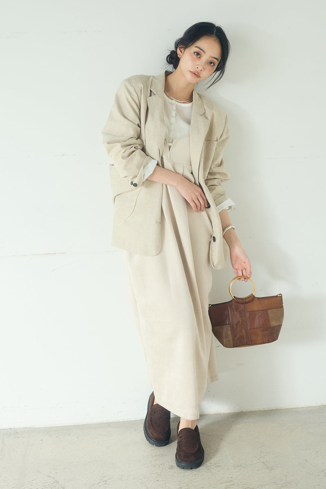 [SET]リネンライクテーラードジャケット+スエードポンチキャミワンピース(2set)