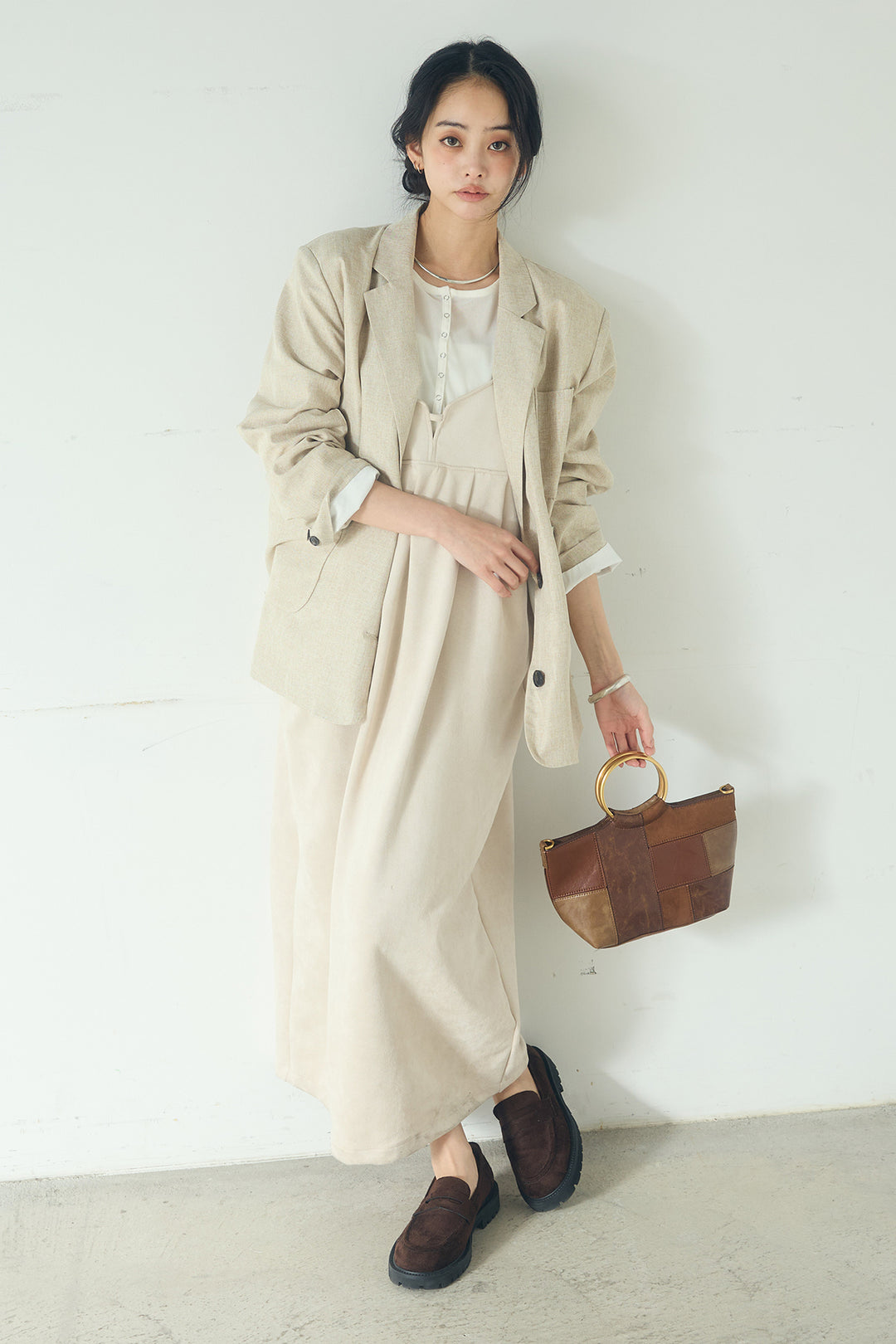 [SET]リネンライクテーラードジャケット+スエードポンチキャミワンピース(2set)