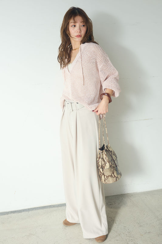 【着回しセット】[SET]ミックスメッシュキーネックプルオーバー+モチーフ付きシアーブルゾン+ベルト付きツータックワイドパンツ(3set)