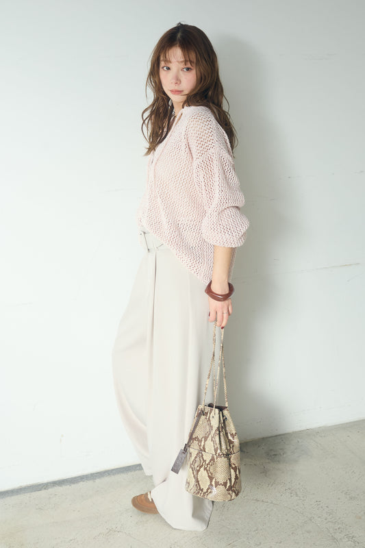 【着回しセット】[SET]ミックスメッシュキーネックプルオーバー+モチーフ付きシアーブルゾン+ベルト付きツータックワイドパンツ(3set)