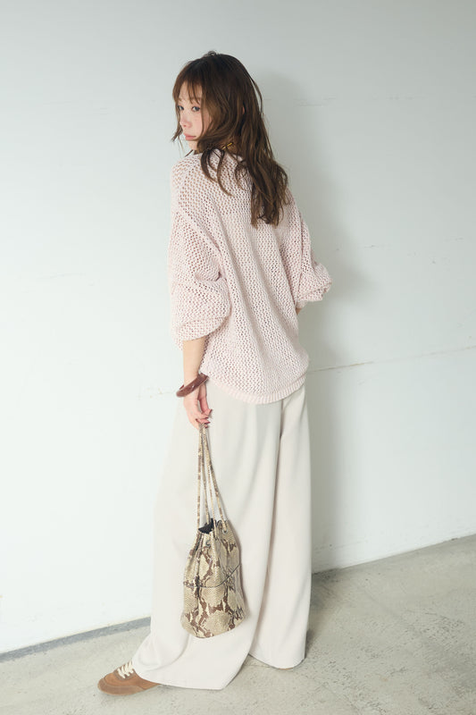 【着回しセット】[SET]ミックスメッシュキーネックプルオーバー+モチーフ付きシアーブルゾン+ベルト付きツータックワイドパンツ(3set)