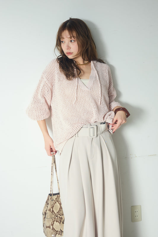 【着回しセット】[SET]ミックスメッシュキーネックプルオーバー+レースハーフジップアップフーディー +ベルト付きツータックワイドパンツ(3set)