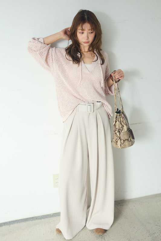 【着回しセット】[SET]ミックスメッシュキーネックプルオーバー+レースハーフジップアップフーディー +ベルト付きツータックワイドパンツ(3set)