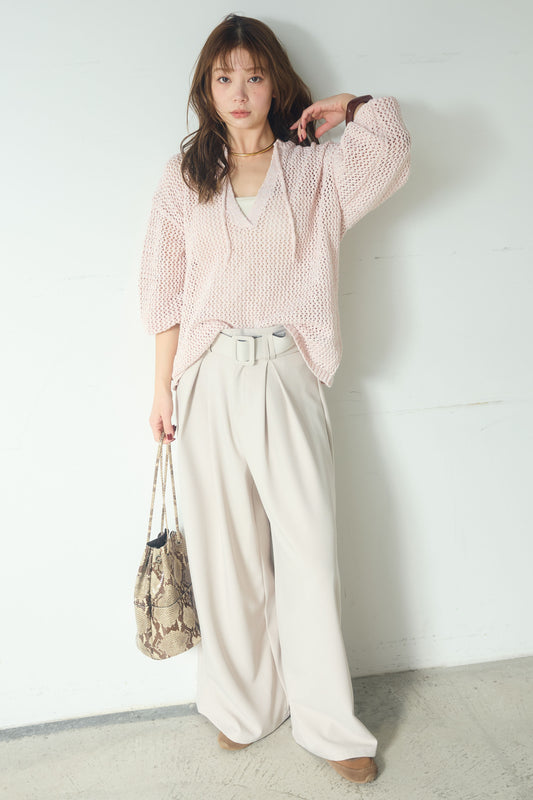 【着回しセット】[SET]ミックスメッシュキーネックプルオーバー+モチーフ付きシアーブルゾン+ベルト付きツータックワイドパンツ(3set)