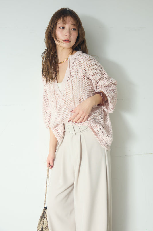 【着回しセット】[SET]ミックスメッシュキーネックプルオーバー+レースハーフジップアップフーディー +ベルト付きツータックワイドパンツ(3set)