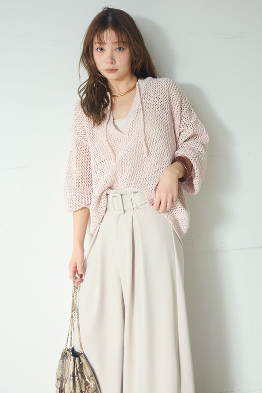 【着回しセット】[SET]ミックスメッシュキーネックプルオーバー+レースハーフジップアップフーディー +ベルト付きツータックワイドパンツ(3set)