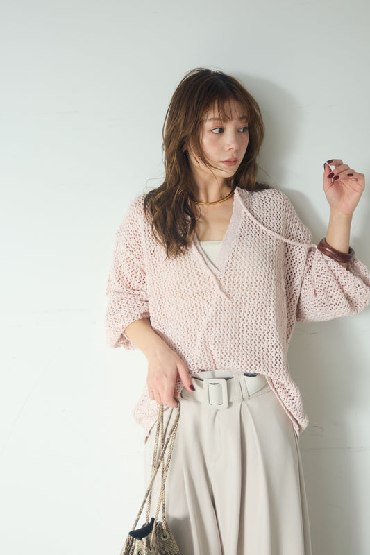 【着回しセット】[SET]ミックスメッシュキーネックプルオーバー+モチーフ付きシアーブルゾン+ベルト付きツータックワイドパンツ(3set)