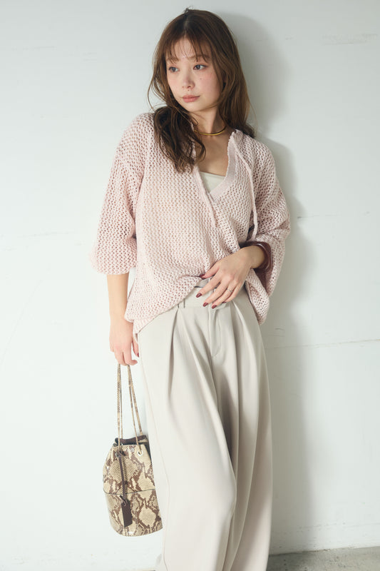 【着回しセット】[SET]ミックスメッシュキーネックプルオーバー+モチーフ付きシアーブルゾン+ベルト付きツータックワイドパンツ(3set)