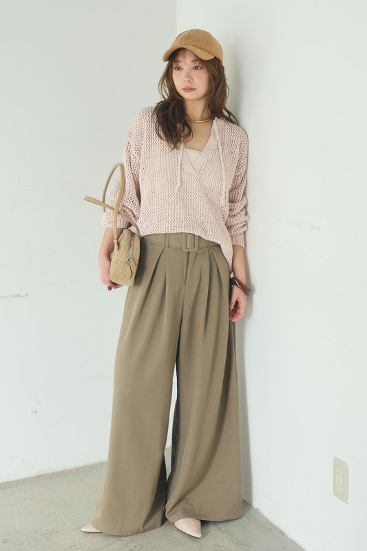 【着回しセット】[SET]ミックスメッシュキーネックプルオーバー+レースハーフジップアップフーディー +ベルト付きツータックワイドパンツ(3set)