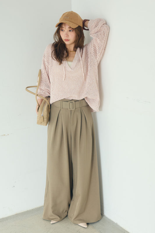 【着回しセット】[SET]ミックスメッシュキーネックプルオーバー+モチーフ付きシアーブルゾン+ベルト付きツータックワイドパンツ(3set)