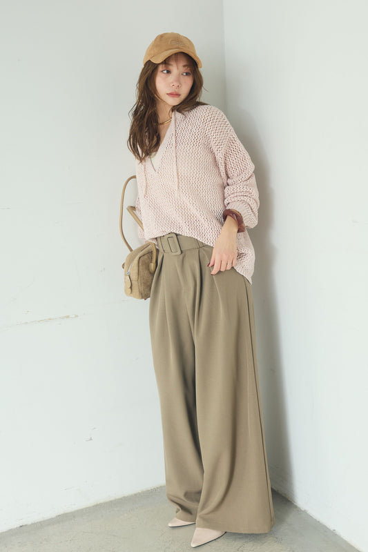 【着回しセット】[SET]ミックスメッシュキーネックプルオーバー+モチーフ付きシアーブルゾン+ベルト付きツータックワイドパンツ(3set)